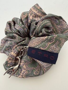 Etro Paisley Silk Scrunchie in Green & Beige with Silver Charm